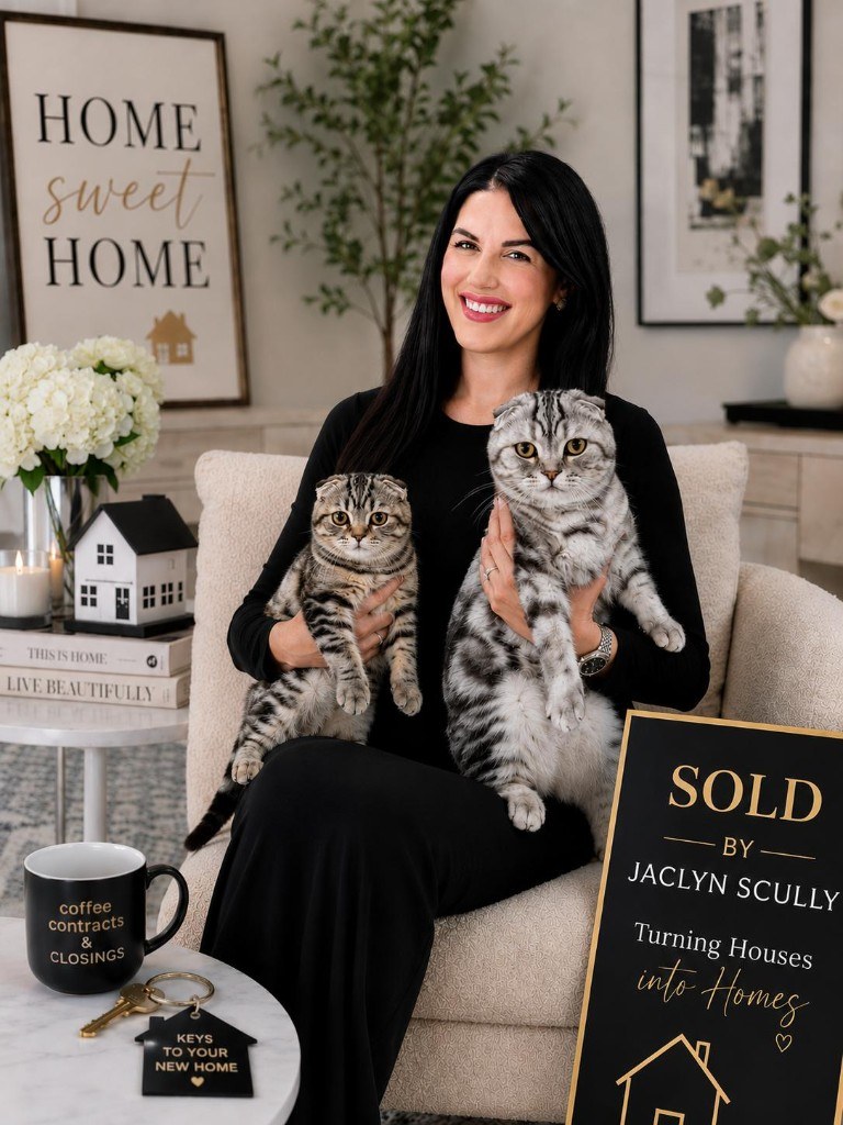 Jaclyn Scully with Scottish Fold cats beside a Sold by Jaclyn Scully sign